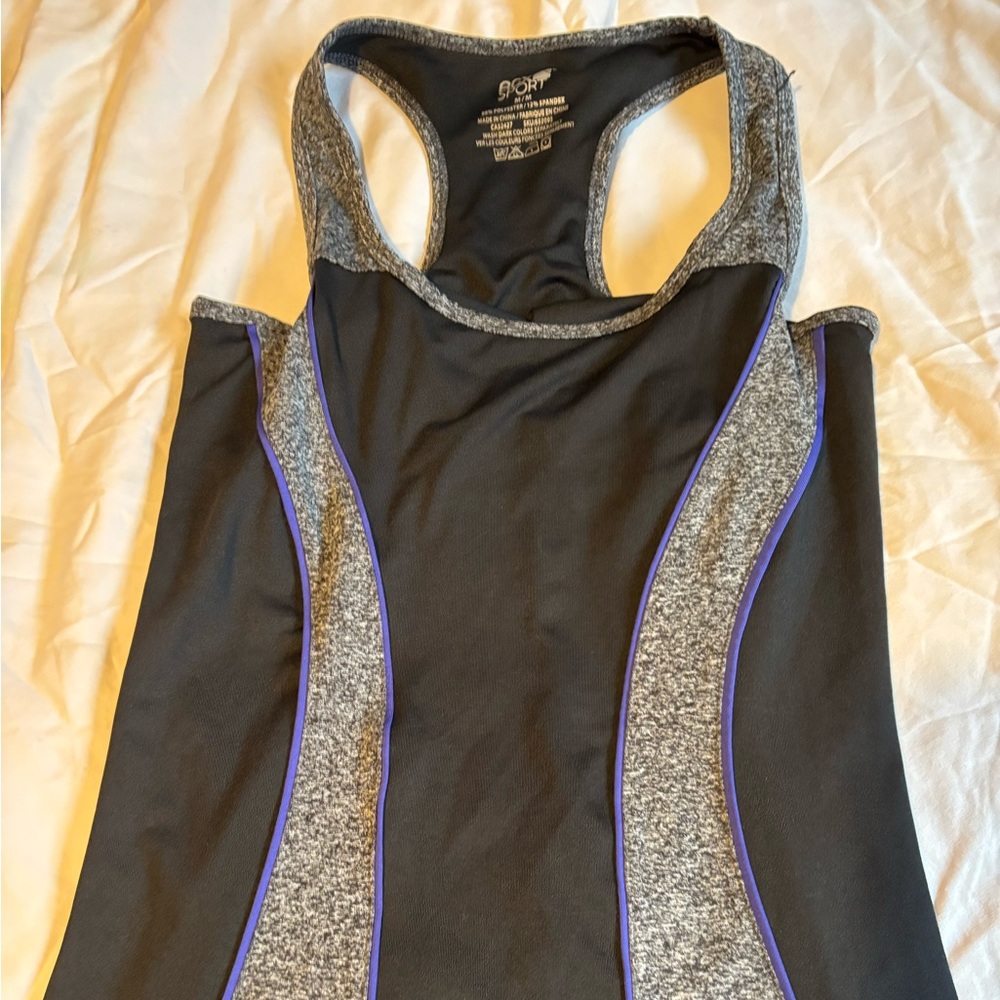 Black and Gray Athletic Tank Top with Purple Accents